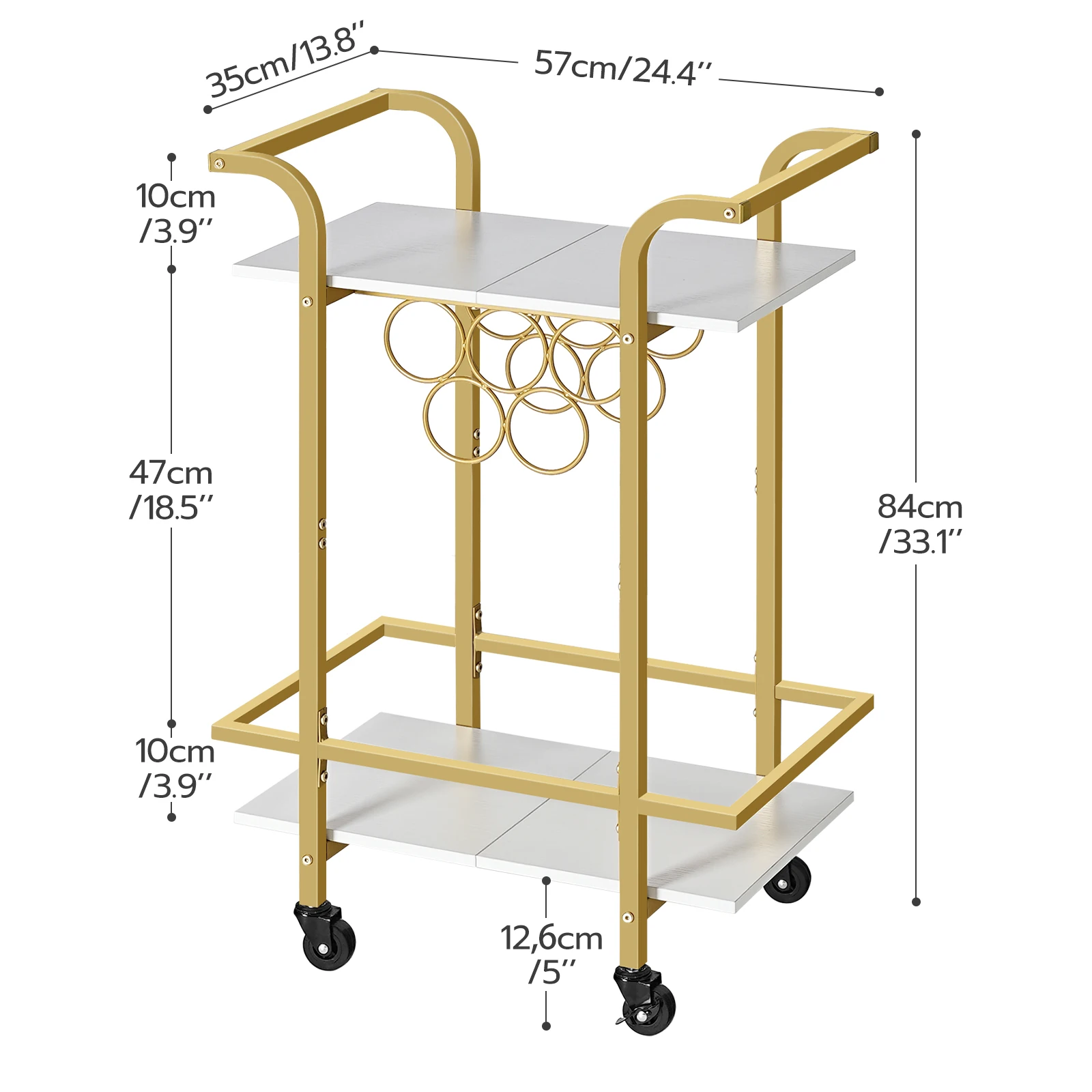 Wholesale Gold Luxury Kitchen Bar Cart Serving Carts Rolling Trolley 2-tier Wine Trolley Kitchen Cart on Wheels with Wine Rack