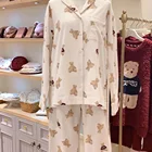 Cartoon Bear Print Long Sleeve Front Button Pajama Cotton Sleepwear Family Matching Pajamas Couple Sleepwear