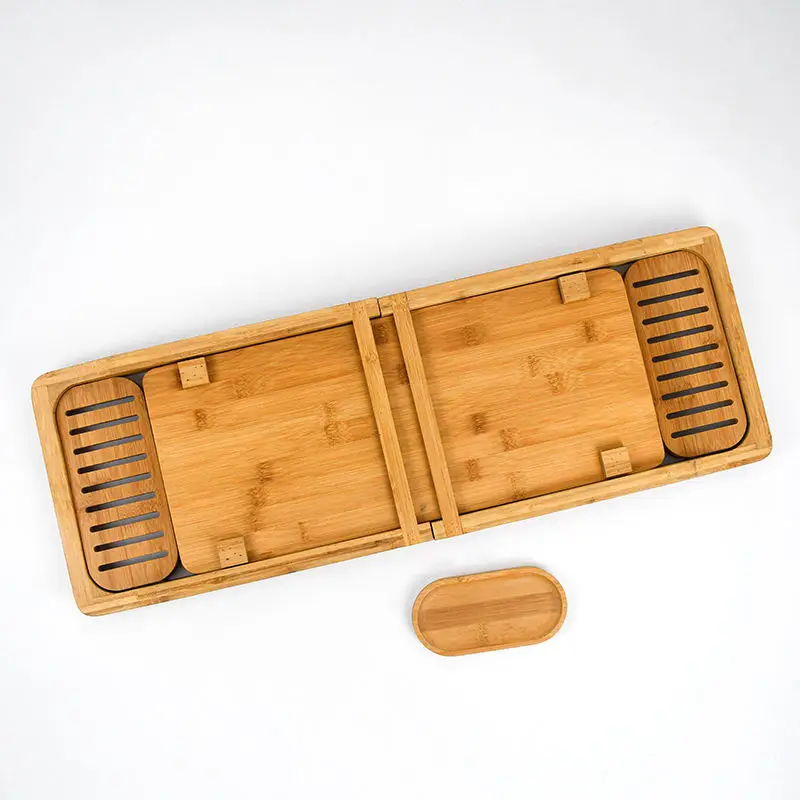 product bamboo expandable bathtub caddy tray non slip bath tray organizer for luxury spa bathroom accessories with wine glass holder-4