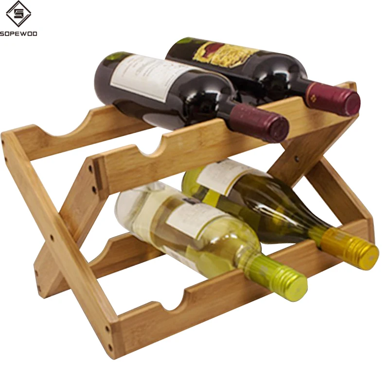 SOPEWOD Natural Bamboo Foldable Countertop Wine Rack 6-Bottle Bamboo Wine Bottle Holder for Home