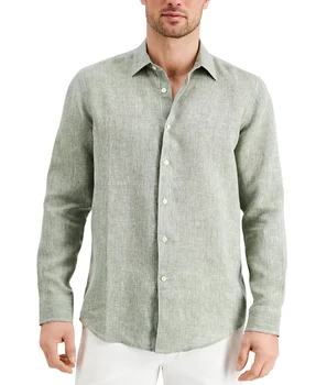 Custom Print Clothes Supplier Button Down Collar Men Solid White Blank Embroidered Hemp Linen Blouses Dress Shirt