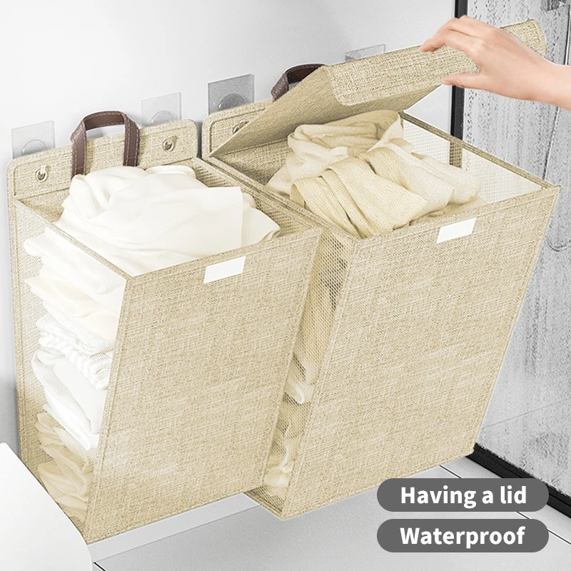 Large-capacity Wall Hanging Laundry Hamper with Hook Folding Laundry Basket With Lid Dirty Clothes Storage Basket