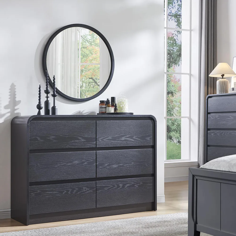product mid century modern 6 drawer dresser curved profile 47 wide wood chests drawers for bedroom living room natural texture black446-3