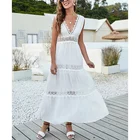 Boho Dresses Dress Maxi MANNI Contrast Lace Boho Beach Dresses Deep V Neck Flounce A-line Dress White Maxi Dress