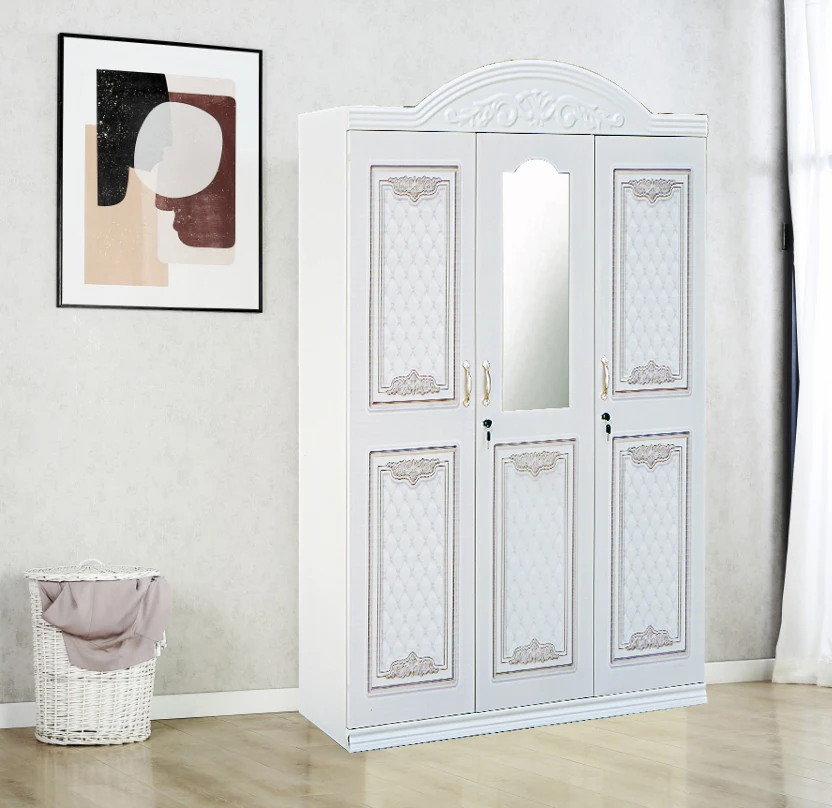 Best Seller Modern 3-Swing Door Bedroom Furniture Wardrobe Mirror with Iron Armories & Steel Imprint Pattern Almirah-Wardrobe