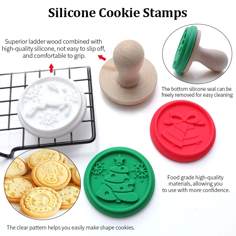 Wood Handle Silicone Cookie Stamps Christmas Tree Deer Bells Pattern Cookie Stamp And Cutter