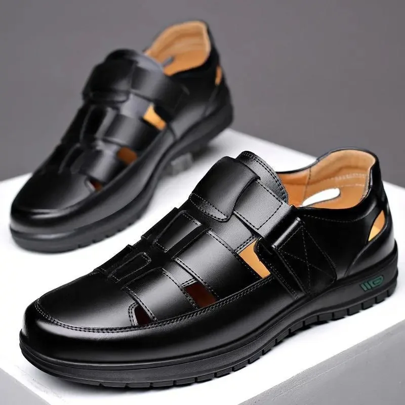 2024 summer new soft leather cave men's shoes men's casual hollow leather shoes soft soled leather sandals