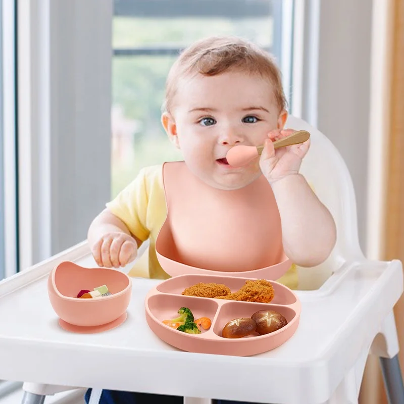 Eco friendly Silicone New Born Baby Feeding & Nursing BPA Free Dinnerware Plates Bib Set Kids Dining Babi Feed spoon supplies