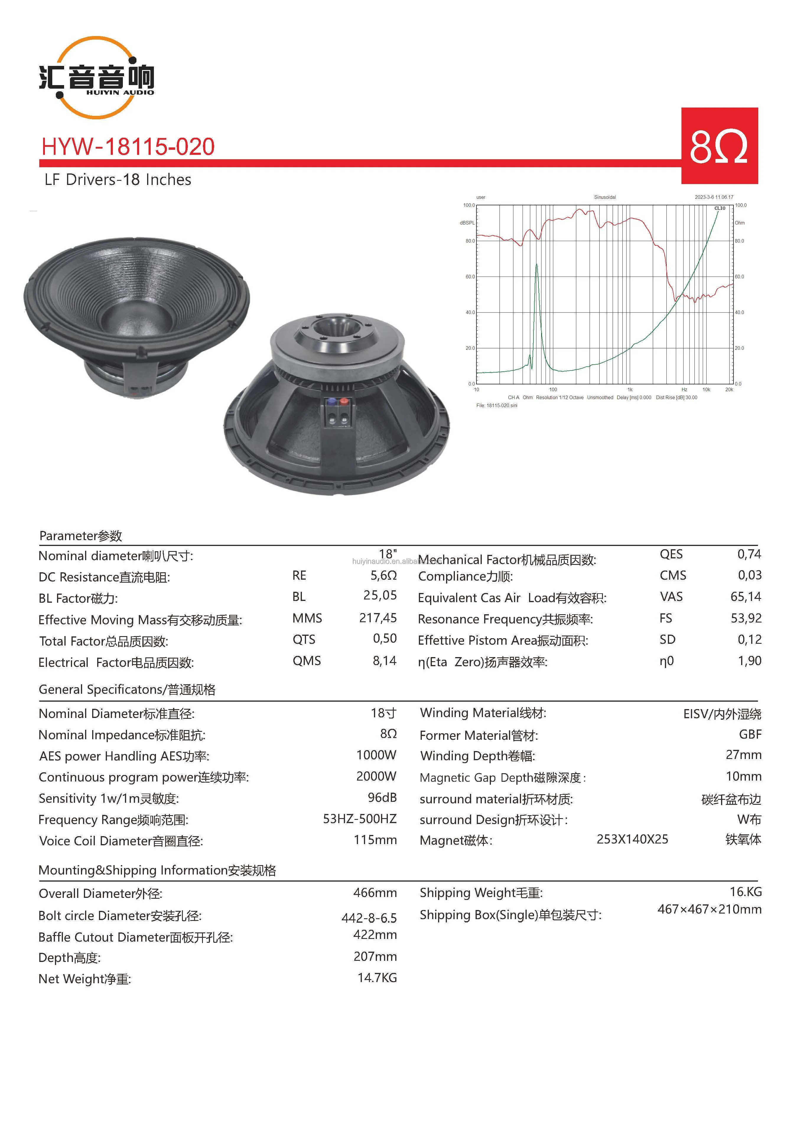 product high sensitivity 18 inch 1000w aes subwoofer speaker hyw 18115 020 45 inch voice coil pro audio line array woofer ferrite-2