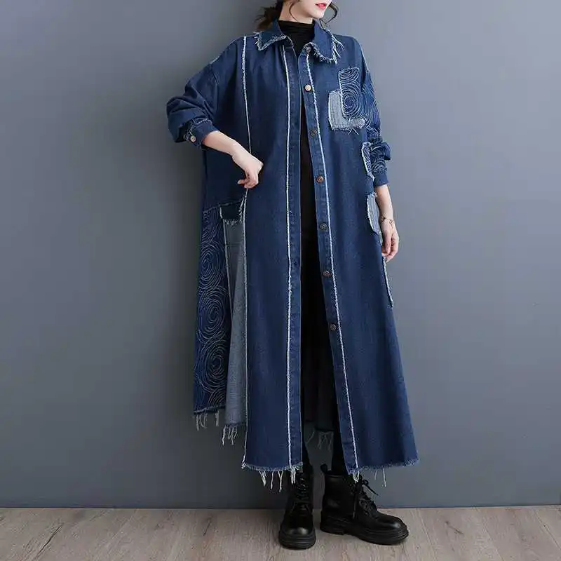 Boutique Wholesale 2025 Autumn New Loose Vintage Double Sided Washed Denim Craft Printed Spliced Women's Coats factory