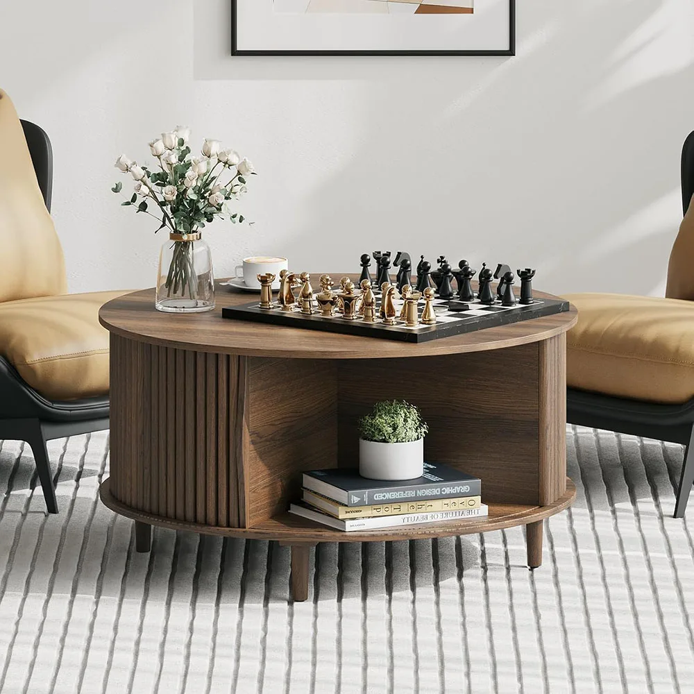 Mid Century Modern Luxury Wood Coffee Table with Sliding Cabinet Door Walnut Small Center Table Living Room Storage Coffee Table supplier