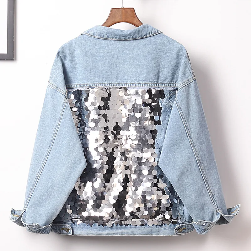 Custom Women's Oversized Vintage Denim Jacket Long Sleeve Cropped Coat with Fringe Sequin Embroidered Design supplier