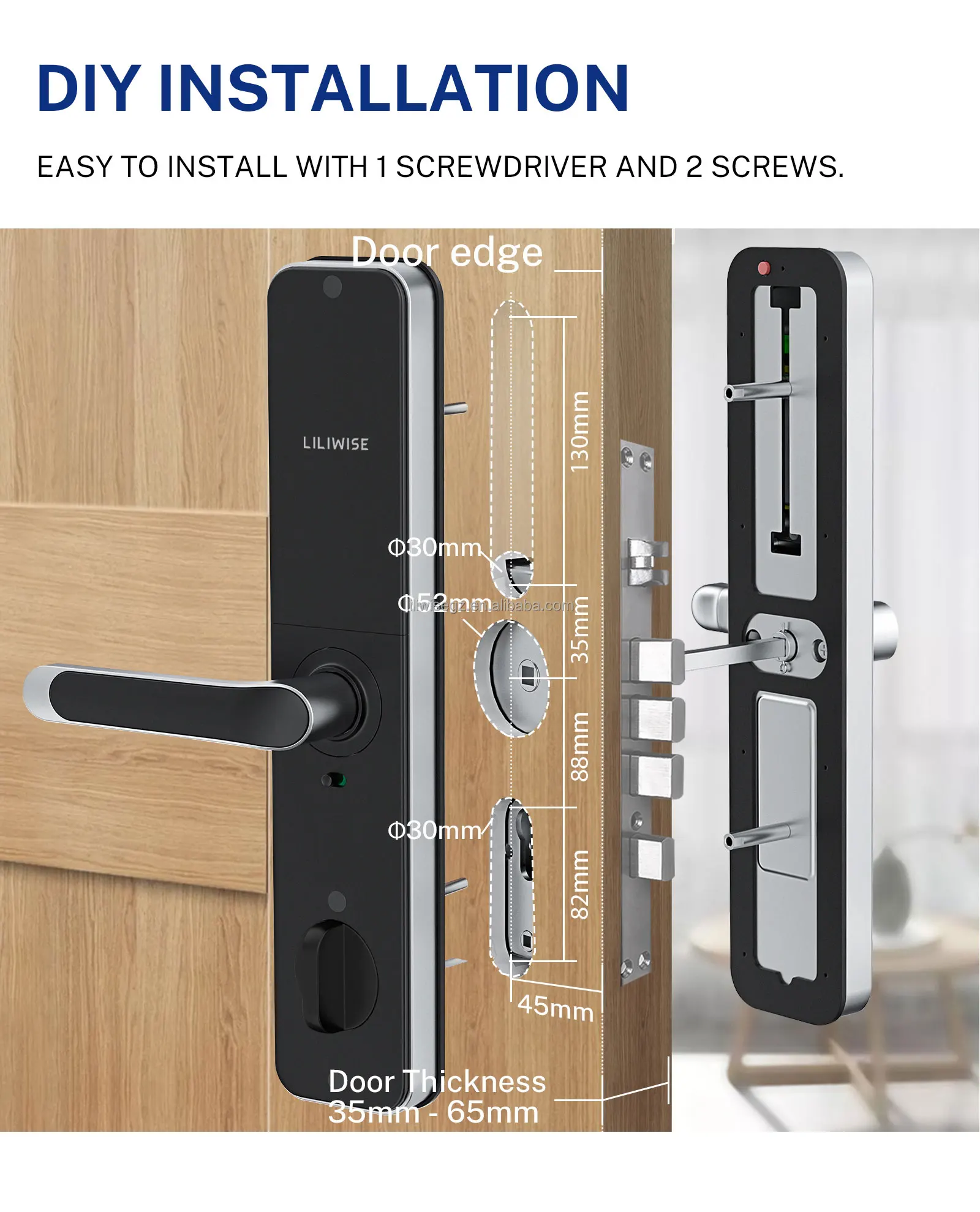 Liliwise Waterproof Outdoor Smart Door Lock with 6V Battery 35-75mm Door Thickness and 200 Fingerprint Capacity