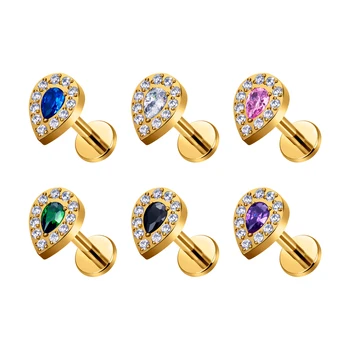 G23 Titanium Earrings Studs Water Drop Style 16G Micro Insert CZ Ear Stud Tragus Helix Lobe Labret Piercing Lip Jewelry Ring