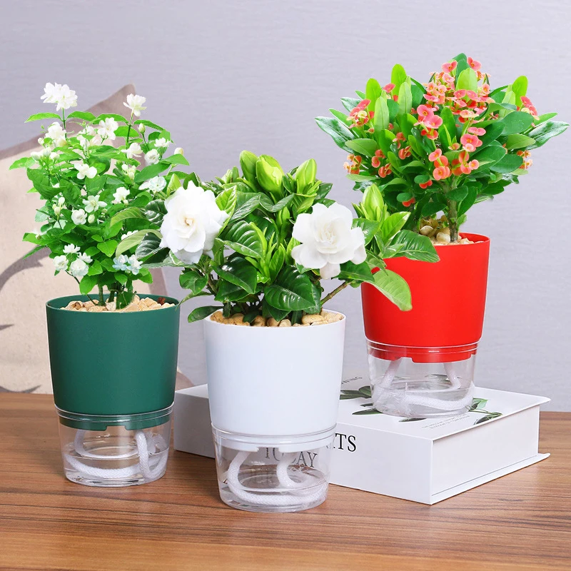 SQ26 Creative Double Layer Water Storage Lazy Automatic Watering Flower pot Water Absorbing Cotton Rope Plastic Flower Planter