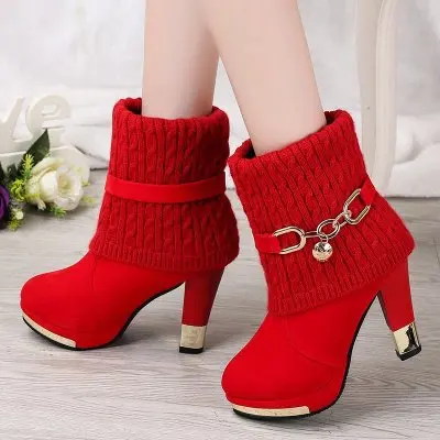 Winter Plus Size 35-43 Woman Boots Ladies High Heel Boots Black Red Mujer Christmas Boots
