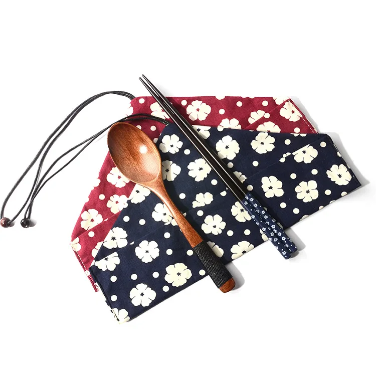 wood cutlery set.  pair of Spoon Chopsticks portable set outdoor travel small fresh cloth bag