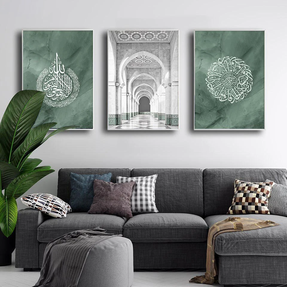 Living Room Decor Modern Wall Pictures Green Marbling Prints Calligraphy Posters Wall Art Islamic Home Decoration