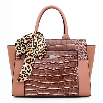 Faux Croc Leather Large Size Shoulder Bag Women Fashion Wing Tote Handbag With Leopard Print Scarf Bow