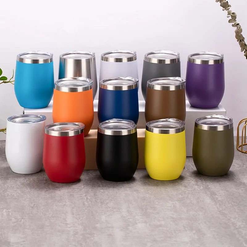 Wholesale custom logo 12oz egg shape stainless steel metal stemless wine tumblers with lid