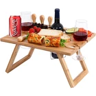 Outdoor Bamboo Picnic Table Portable Cheese And Wine Table Foldable Snack Serving Tray With Wine Glasses Holder