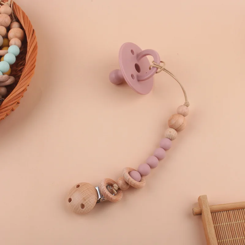 Wholesale Baby Beech Pacifier Clip Silicone Bead Gum Pacifier Chain Clip Anti-drop Silicone Beads Flexible Collocation
