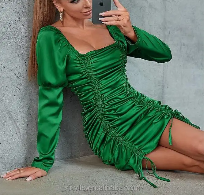 Hot Sale  Square Neck Sexy Bubble Sleeve Party Fashion Bag Hip Fishtail Evening Dress Satin Pull Pleated Pack Hip Skirt