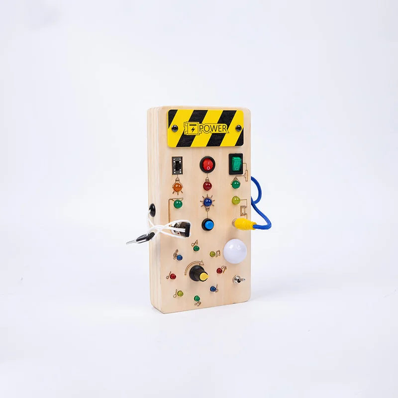 Hochwertiges Lernspielzeug für Kinder, elektronisches LED-Licht, Baby-Sensory-Busy-Board aus Holz, Montessori-Spielzeug für Kleinkinder, Details