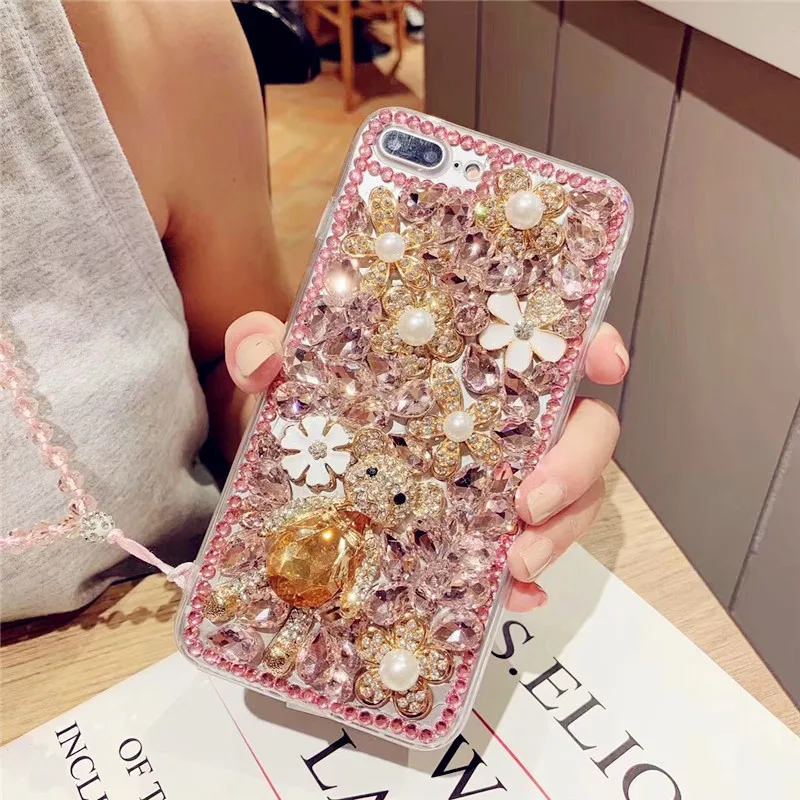 Luxury Bling Diamond Bear Pearl Flower Phone Case Women Girls 3D Rhinestone Cover Case for iPhone 15 Samsung S24 A54
