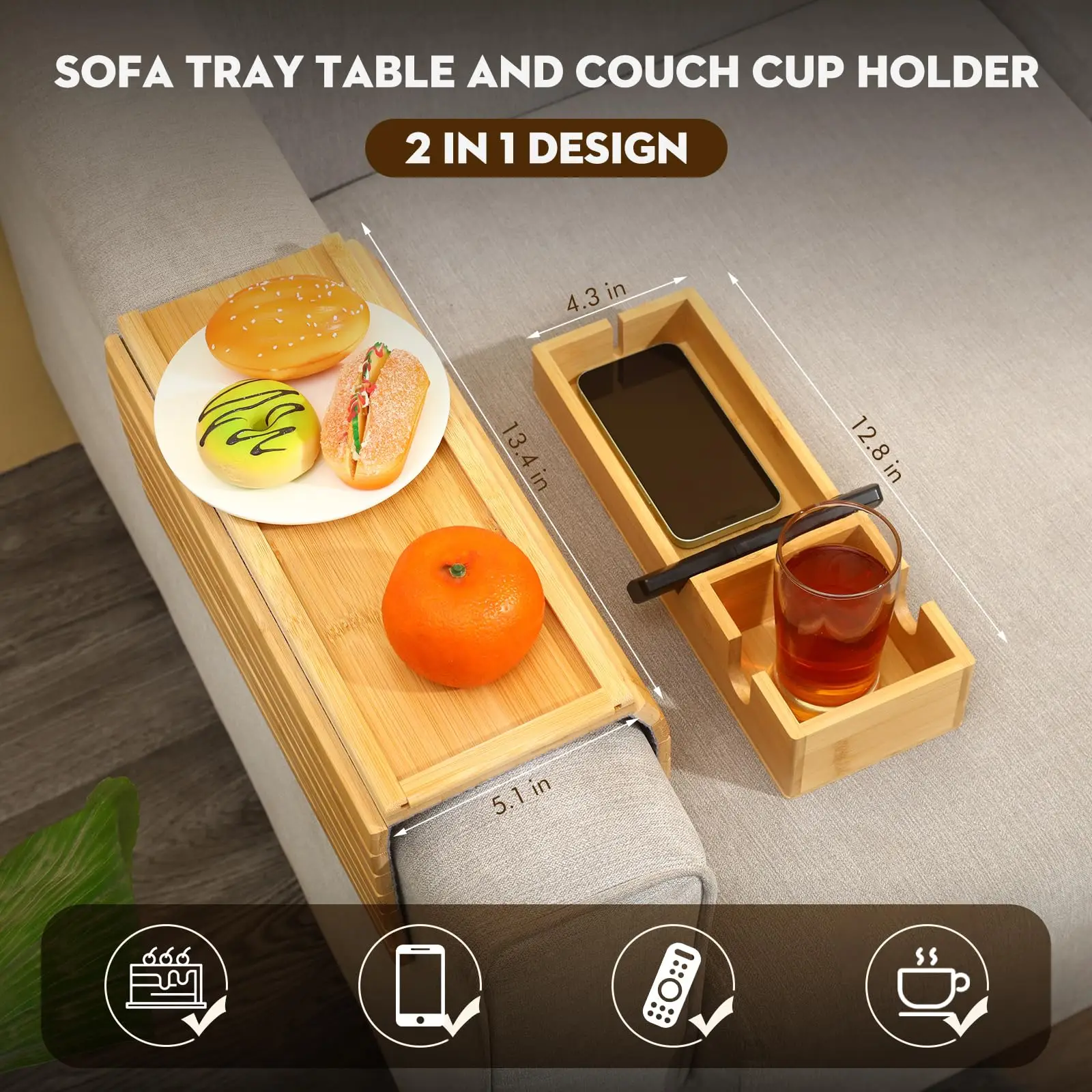 product 2 in 1 bamboo sofa armrest tray detachable cup holder anti fall tray foldable design for phone snacks remote storage trays-8