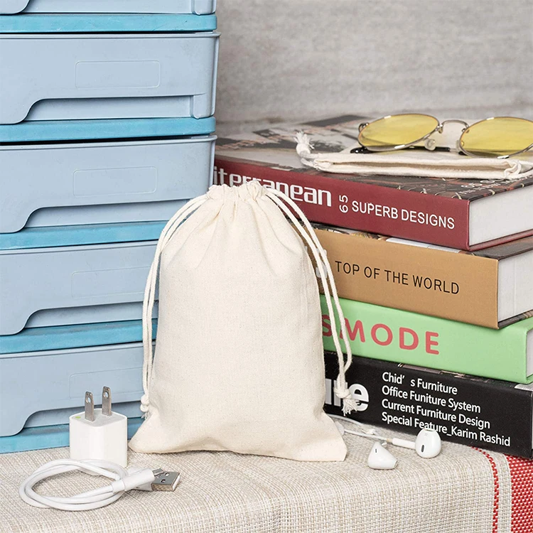 High quality small custom logo organic cotton drawstring cord bag