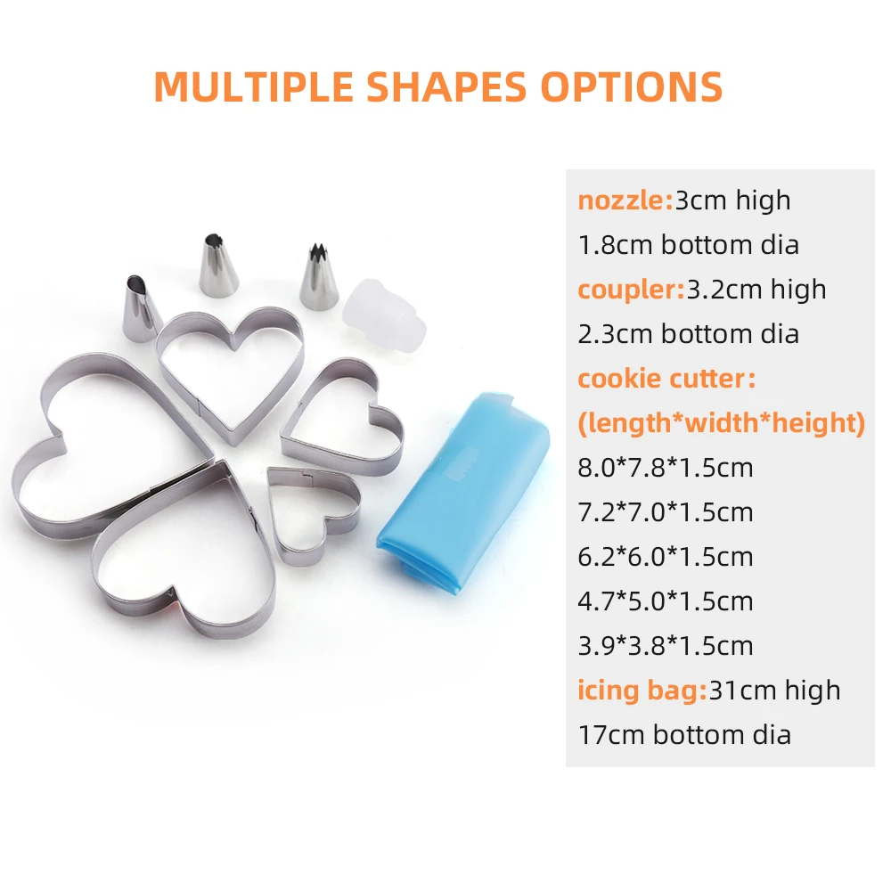 New design 10 pcs heart shape mold piping bags baking waffle cookie icing decorating set cake tools and accessories