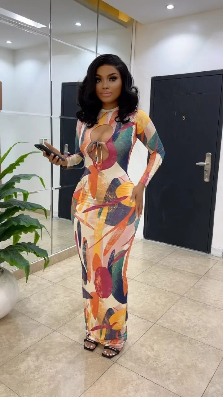 Vintage Empire Waist Summer European and American Style Printed Hollow Out Bodycon Stretch Slim Fit Long Sleeve Dress details