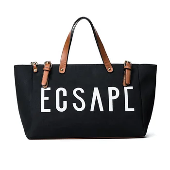 Elegant Female Black Travel Duffel Canvas Tote Bag Casual Shoulder Shopping Bag PU Handle Custom Women's Handbag With Strap
