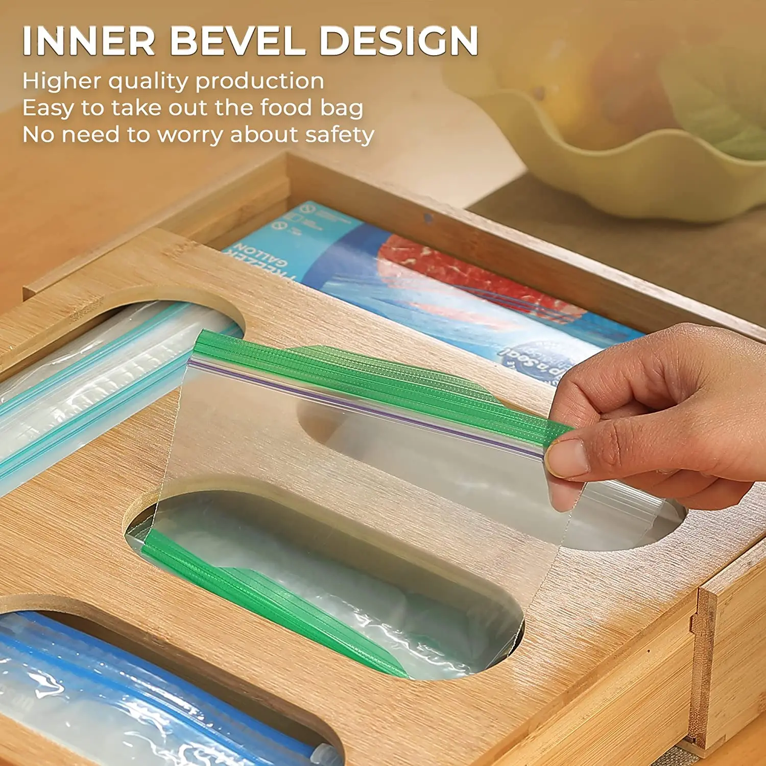 product modern expandable bamboo storage bag organizer with foil and plastic wrap holder lacquer technique for kitchen sundries-2