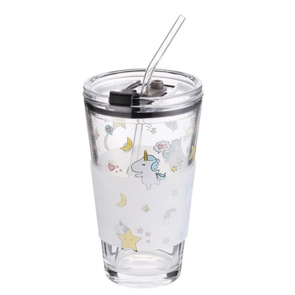 Manufacturer OEM logo and color clear drinking glass cup with straw for children or adults glass cup with lid