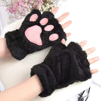 Cartoon Cute Cat Claw Paw Gloves Women Plush Mittens Warm Soft Plush Short Fingerless Fluffy Bear Cat Gloves Costume Half Finger