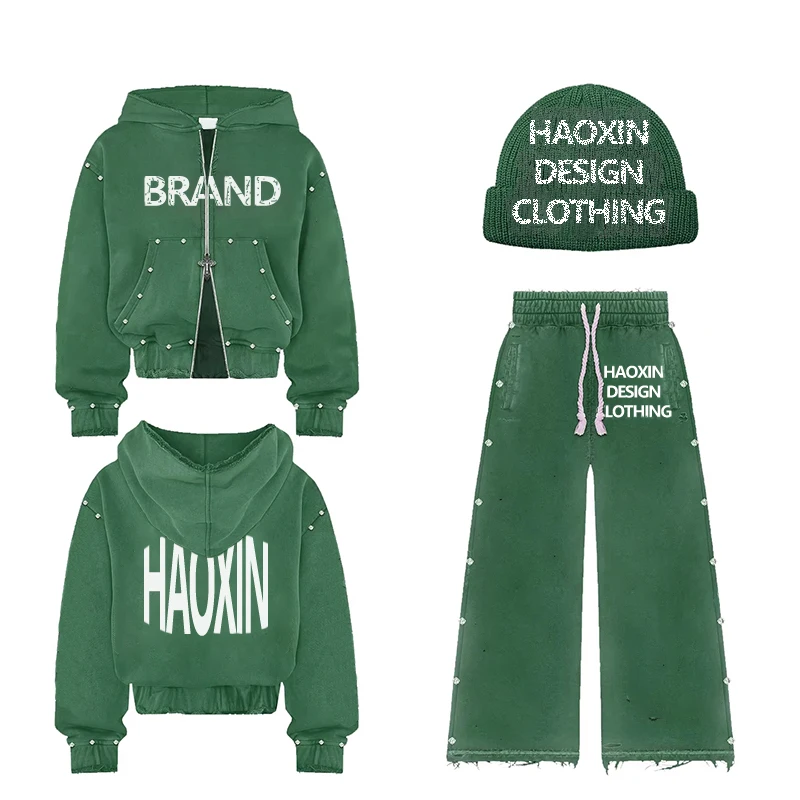 Custom Rhinestone Hoodie Men Oversized Cropped Acid Wash Zip up Distressed Vintage Sweatpants and Hoodie Set manufacture