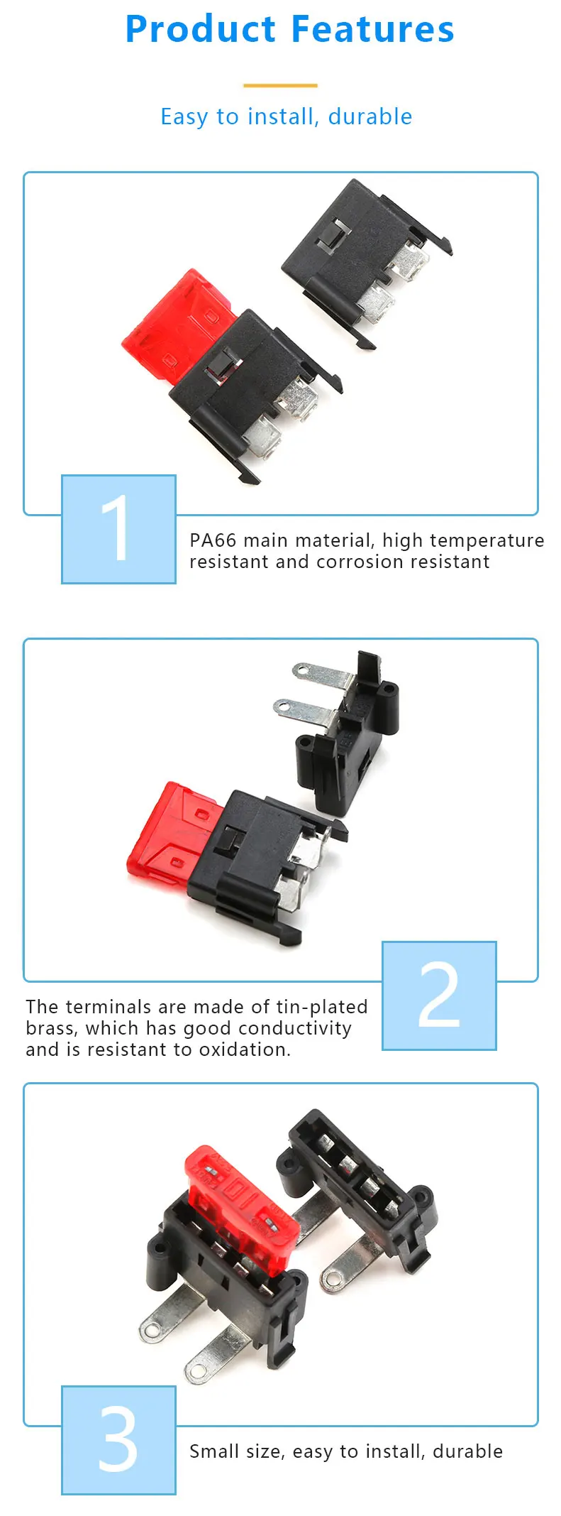 PA66 PCB Mount Blade Fuse Holder with Brass Terminal and Black Finish for Automotive Applications