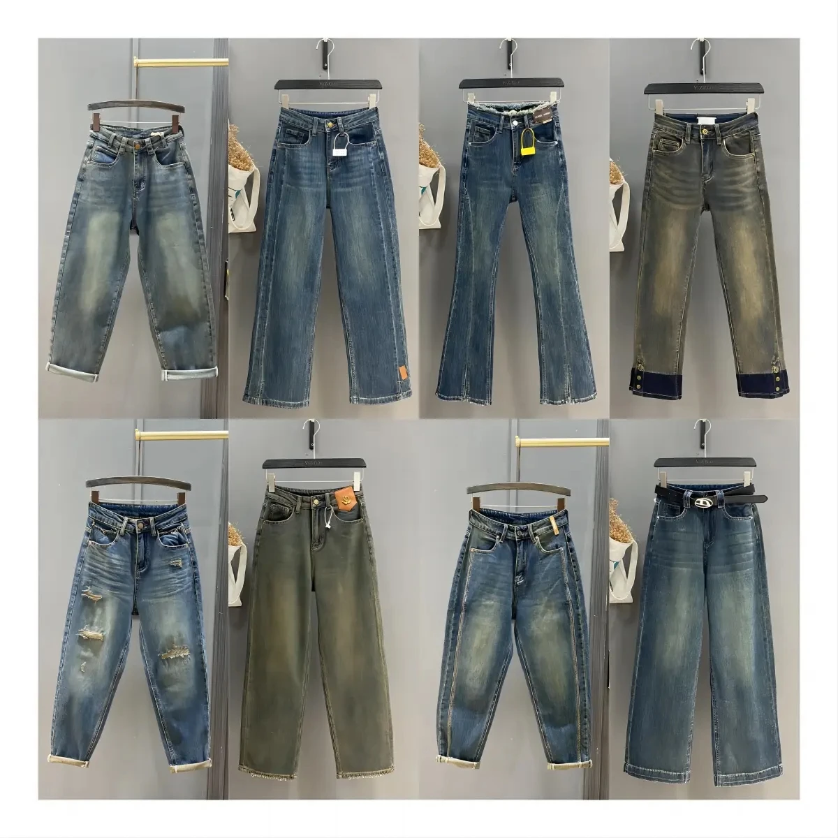 Wholesale New Fashion Women Denim Jeans Slant Waist Button Wide Leg Straight Retro Trousers Pants Street Girls Casual Jeans