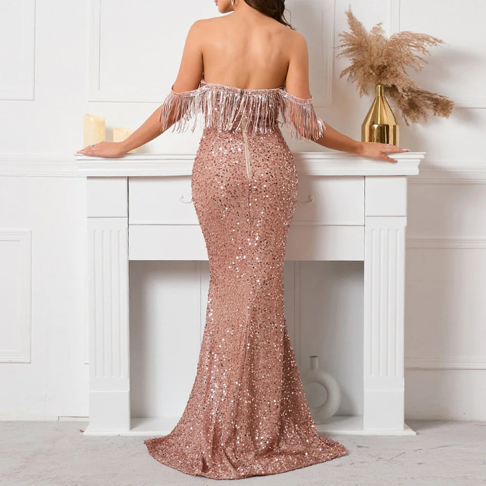 One-Shoulder Tassel Luxury Robe Sequins Mermaid Prom Trailing Banquet Party Evening Dresses 2023