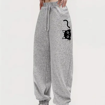 Cute Kitty print wholesale classic women's sweatpants and loose gym jogging bike workout with drawstring pants