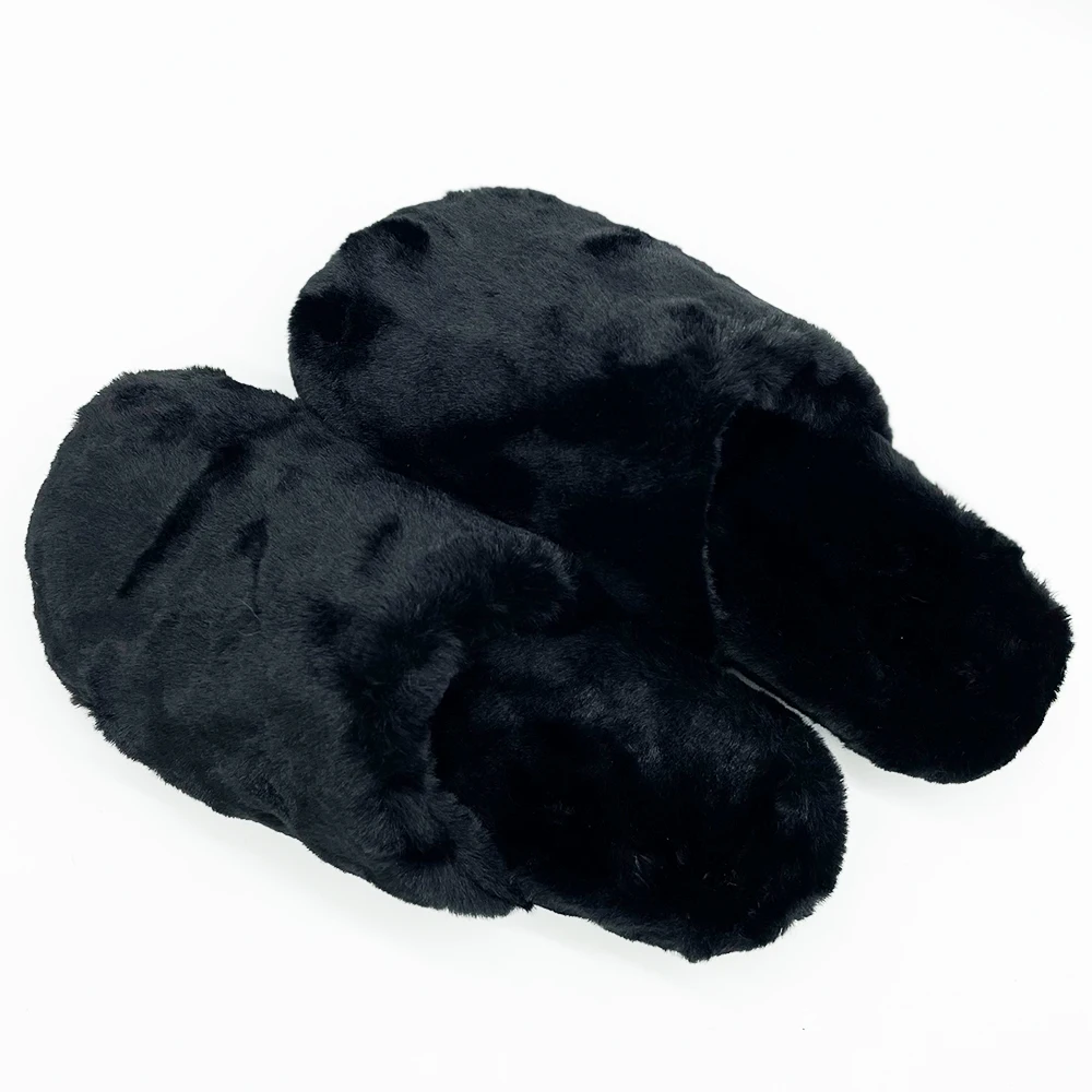 Autumn and winter non slip warm thick soled indoor cotton slippers black rabbit hair women's shoes