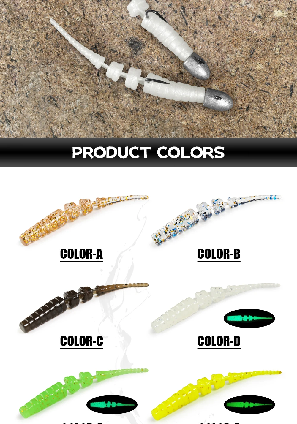 Spinpoler 20pcs Rockfish Worm Soft Plastic Baits Perch Crappie Bluegill