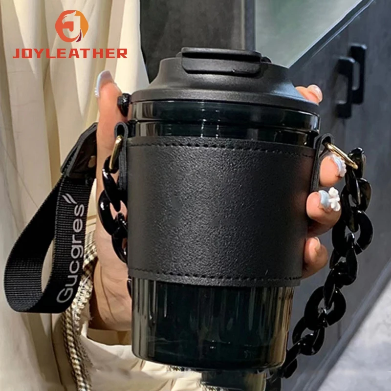 New Arrival Custom PU Drinking Cup Sleeves Travel Portable Plastic Coffee Bottle Sleeves With Shoulder Strap
