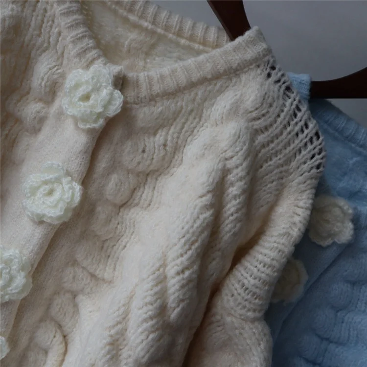 Sweet Cardigan Women 3D Flower Fleece Warm Knit Sweater Woman Autumn Winter Loose Cardigans
