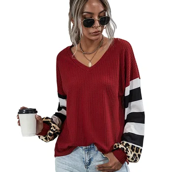 Women Autumn and Winter Women's Clothing Women's Striped Stitching Long-sleeved T-shirt Ladies Tops