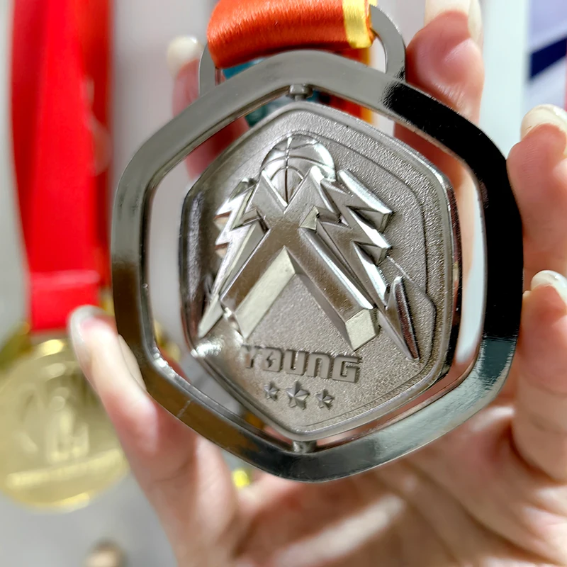 Custom Modern Style Spinning Sports Metal Medals Ribbon Basketball Sport Rotatable Medal Award Blank manufacture