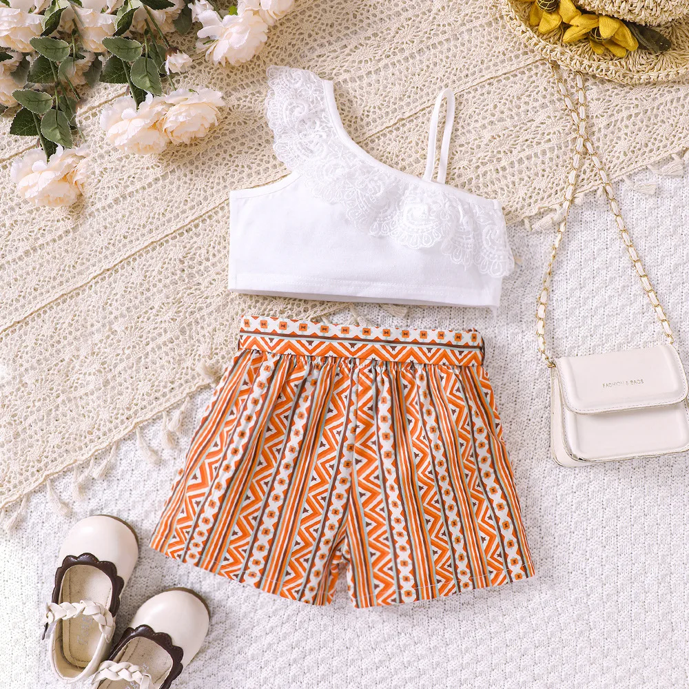 Wholesale summer toddler girls clothing lace edge shoulder strap+shorts boutique two piece clothing for kids
