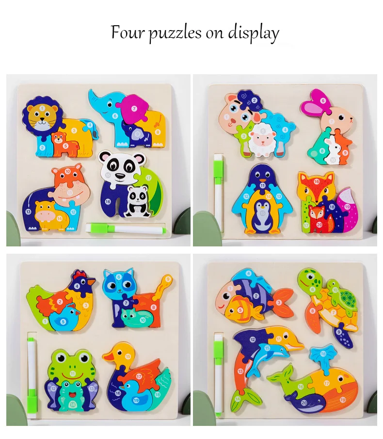 Puzzle 2D Hewan 1 In 3 Kayu Montessori Anak-anak Puzzle Jigsaw Kartun Pendidikan Dini dengan Pemasok Papan Gambar